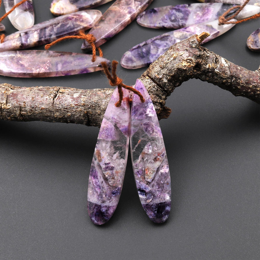 Translucent Natural African Petrified Purple Opal Earring Pair Matched Teardrop Gemstone Beads