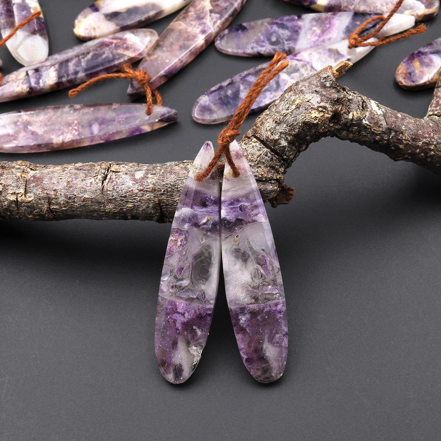 Translucent Natural African Petrified Purple Opal Earring Pair Matched Teardrop Gemstone Beads