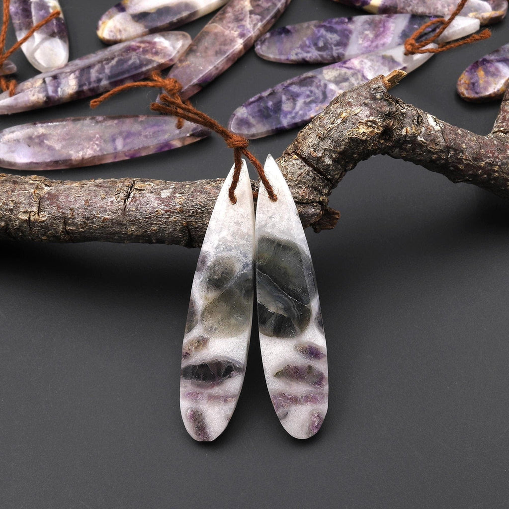 Translucent Natural African Petrified Purple Opal Earring Pair Matched Teardrop Gemstone Beads A3