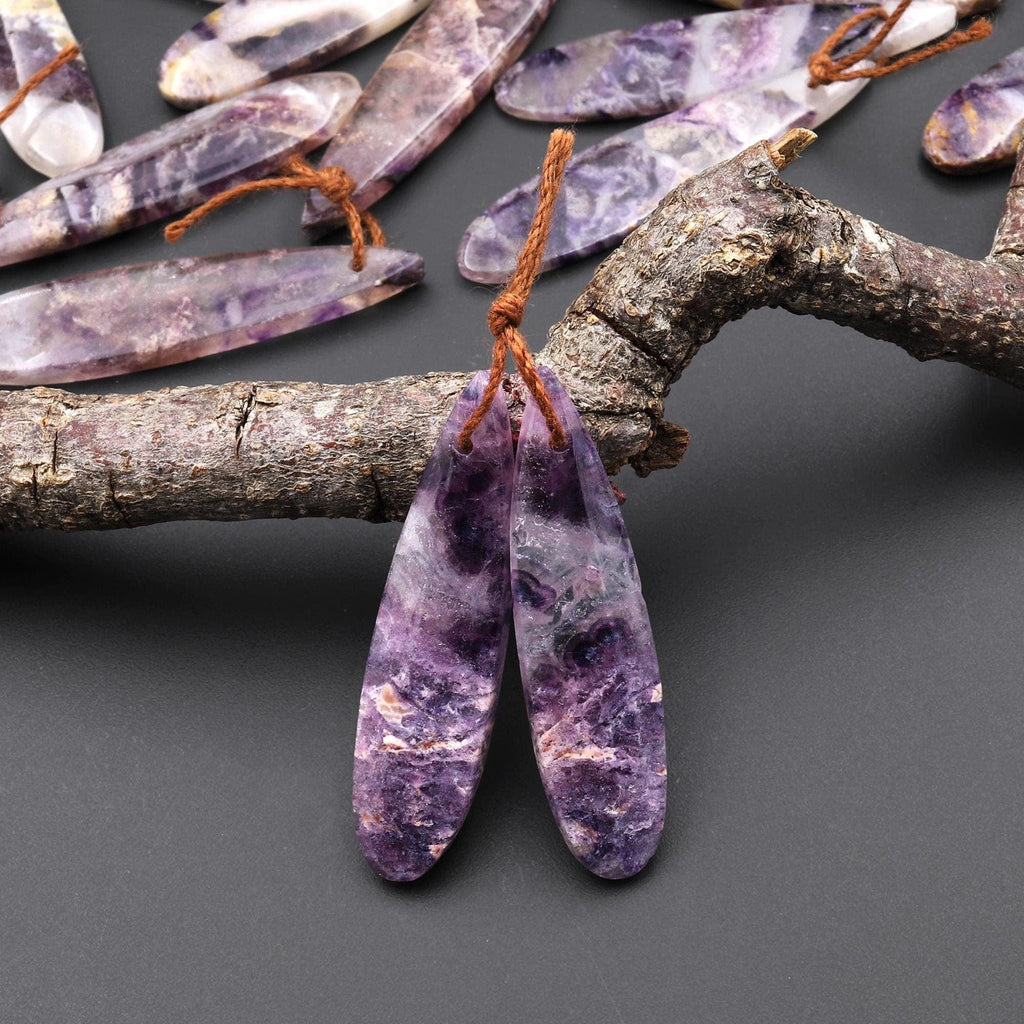 Translucent Natural African Petrified Purple Opal Earring Pair Matched Teardrop Gemstone Beads A8