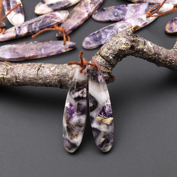 Translucent Natural African Petrified Purple Opal Earring Pair Matched Teardrop Gemstone Beads A9