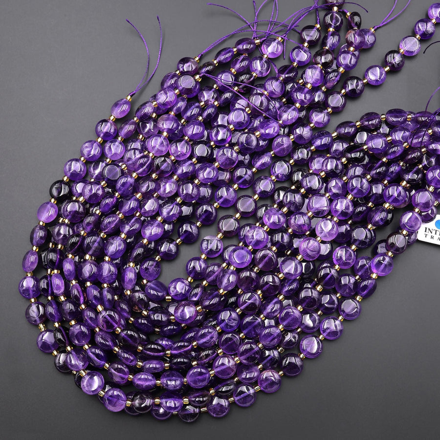 Natural Amethyst 10mm Smooth Coin Beads Gemstone 15.5" Strand