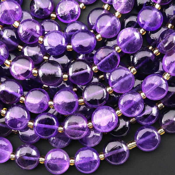 Natural Amethyst 10mm Smooth Coin Beads Gemstone 15.5" Strand