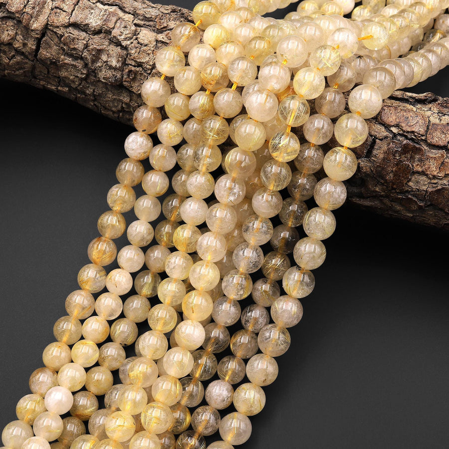 Natural Golden Rutile Quartz 4mm 6mm 7mm 8mm Round Beads 15.5" Strand