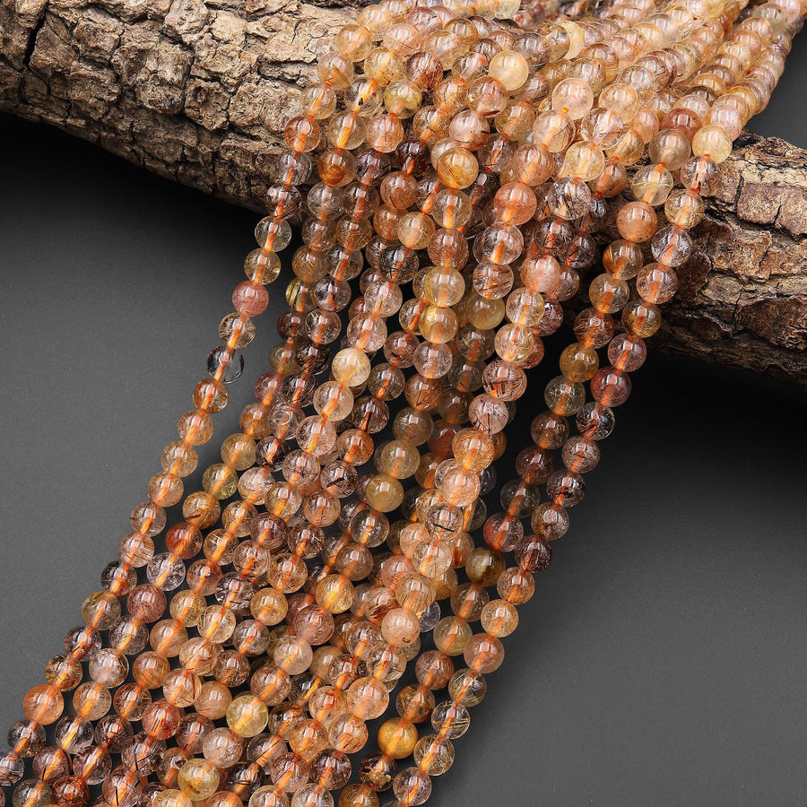 Natural Golden Red Rutile Quartz 5mm 6mm Round Beads Tons of Sharp Rutilated Hair Needle 15.5" Strand