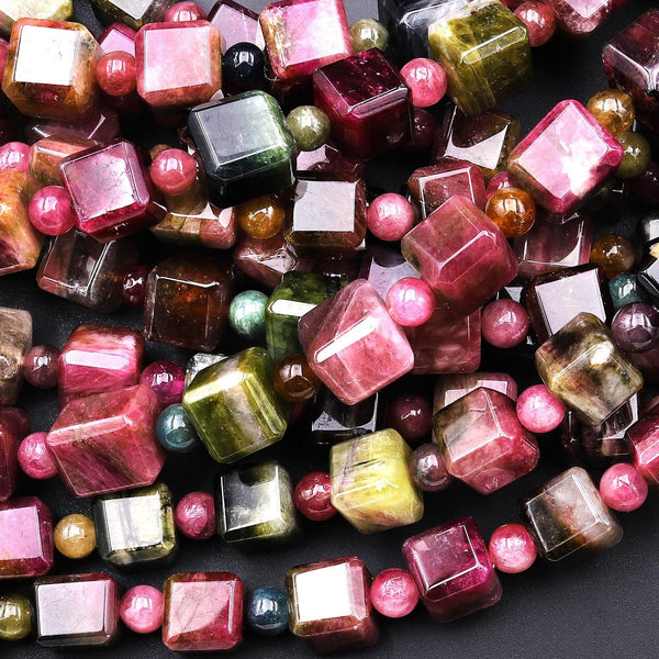 Faceted Natural Pink Green Tourmaline 6mm 8mm 10mm 12mm Rubik's Cube Beads 8" Strand