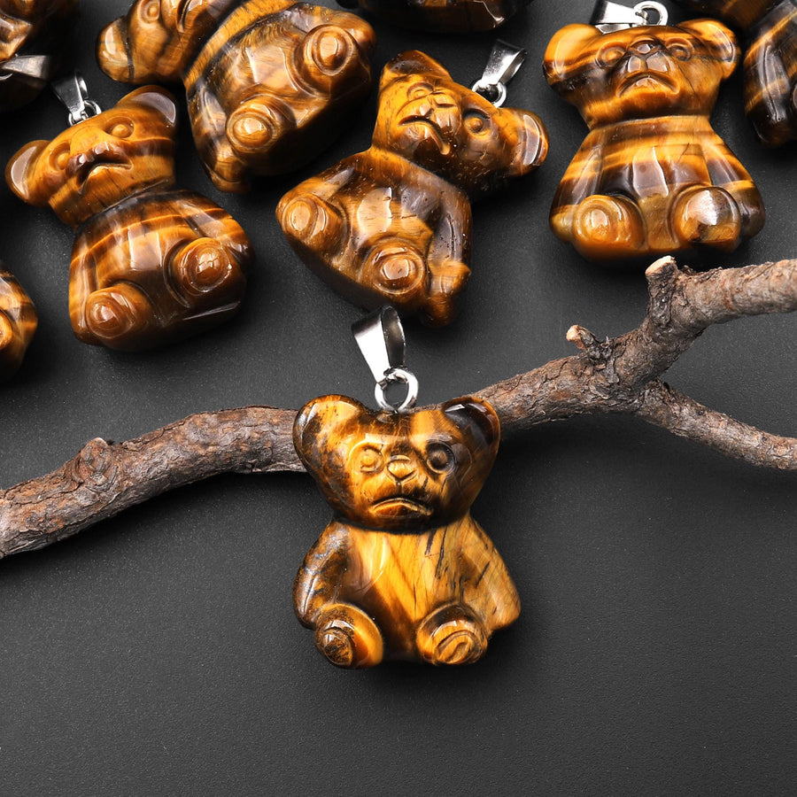 Hand Carved Natural Golden Tiger's Eye Teddy Bear Gemstone Pendant