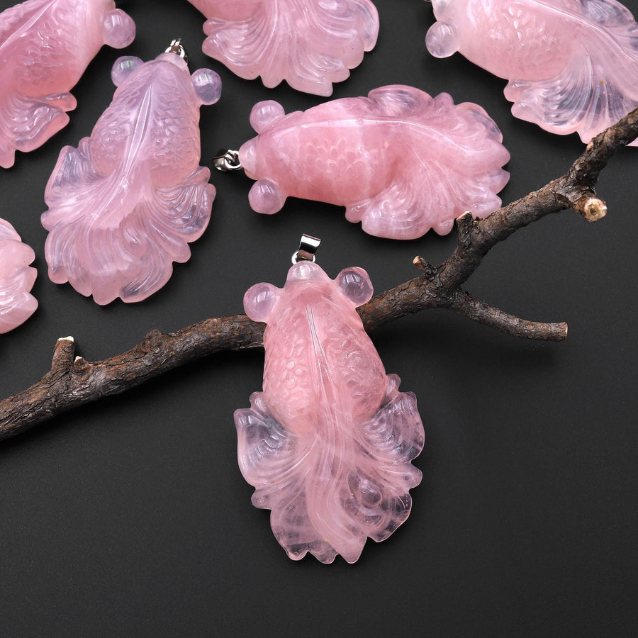 Hand Carved Natural Pink Rose Quartz Goldfish Gemstone Pendant