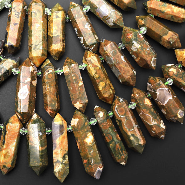 Natural Rainforest Rhyolite Jasper Double Terminated Pointed Side Drilled Pendant Beads 15.5" Strand