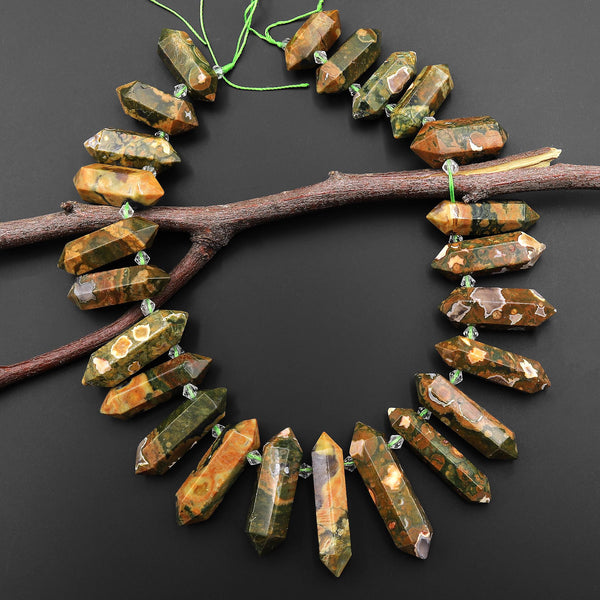 Natural Rainforest Rhyolite Jasper Double Terminated Pointed Side Drilled Pendant Beads 15.5" Strand A1