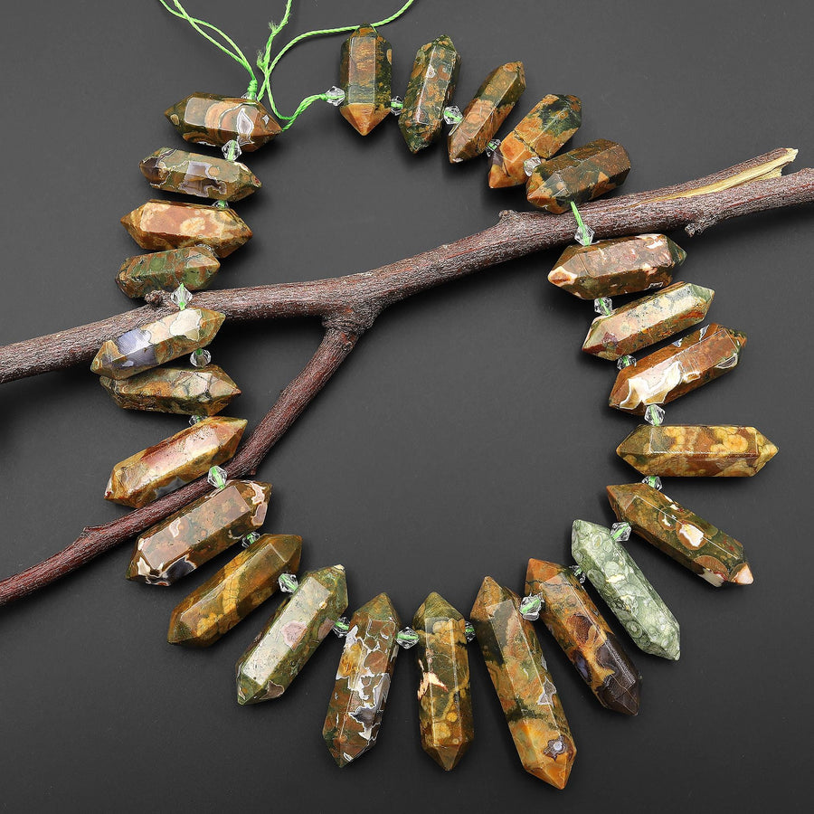 Natural Rainforest Rhyolite Jasper Double Terminated Pointed Side Drilled Pendant Beads 15.5" Strand A3