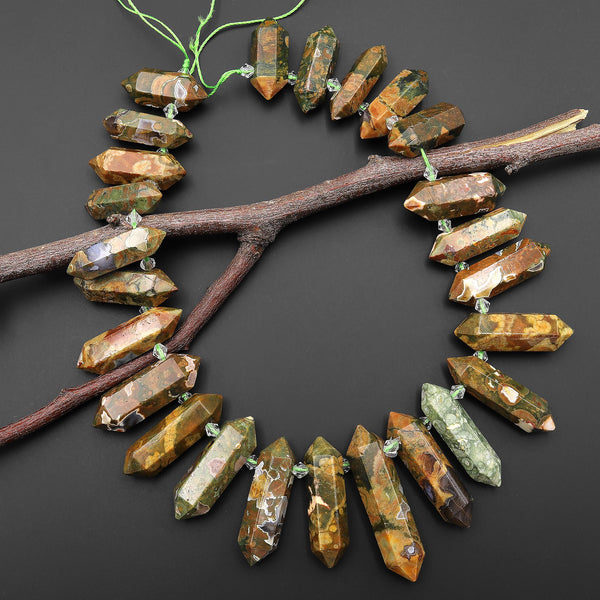 Natural Rainforest Rhyolite Jasper Double Terminated Pointed Side Drilled Pendant Beads 15.5" Strand A3