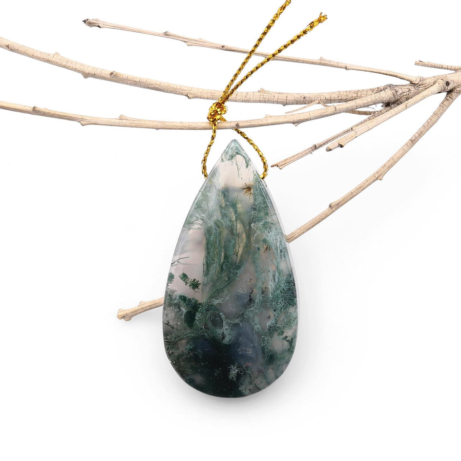 Hand Cut Natural Green Moss Agate Teardrop Side Drilled Pendant