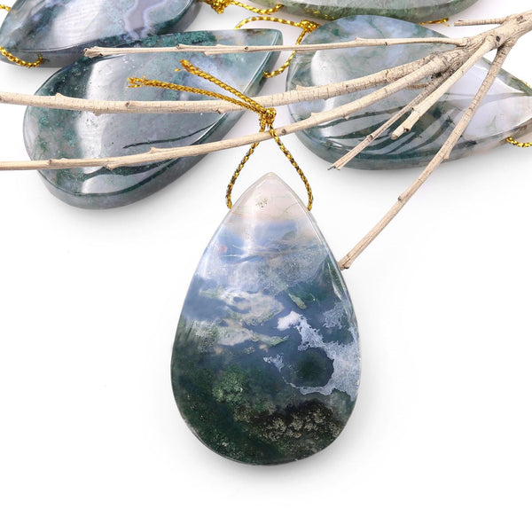 Hand Cut Natural Green Moss Agate Teardrop Side Drilled Pendant