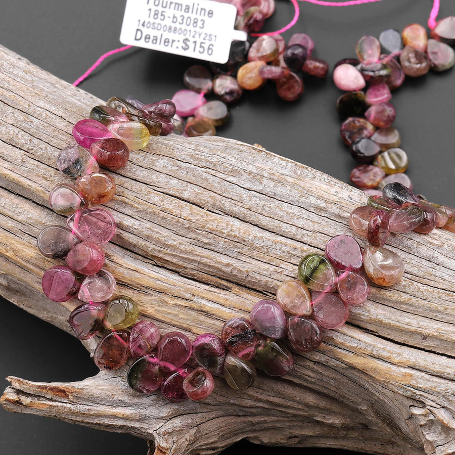 Natural Tourmaline Smooth Teardrop Beads Side Drilled Natural translucent Watermelon Pink Green Gemstone 15.5" Strand