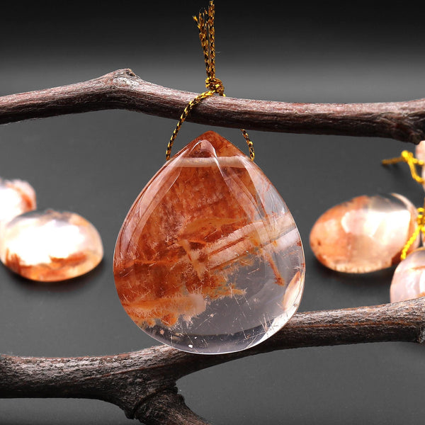 Rare Natural Red Phantom Quartz Puffy Teardrop Pendant Side Drilled Gemstone Focal Bead A12