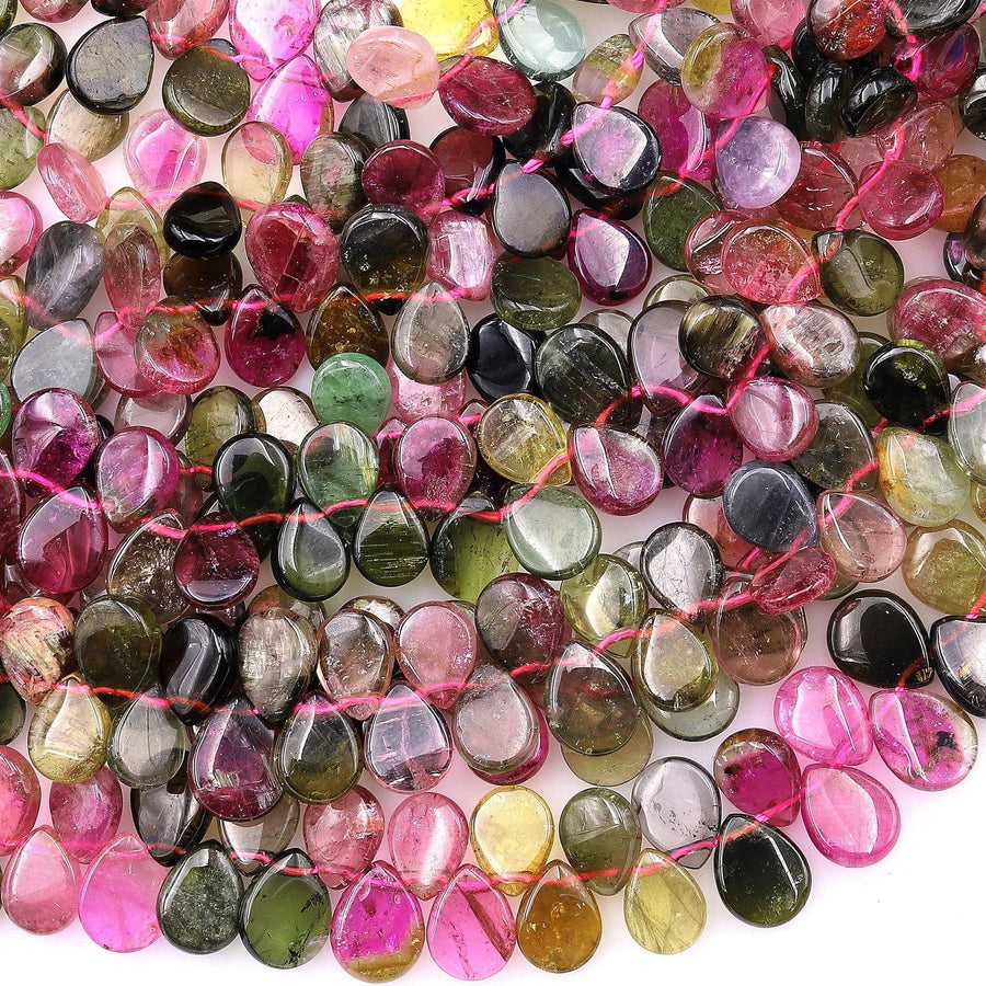 AAA Translucent Natural Watermelon Tourmaline Smooth Teardrop Beads Side Drilled Pink Green Gemstone 15.5" Strand