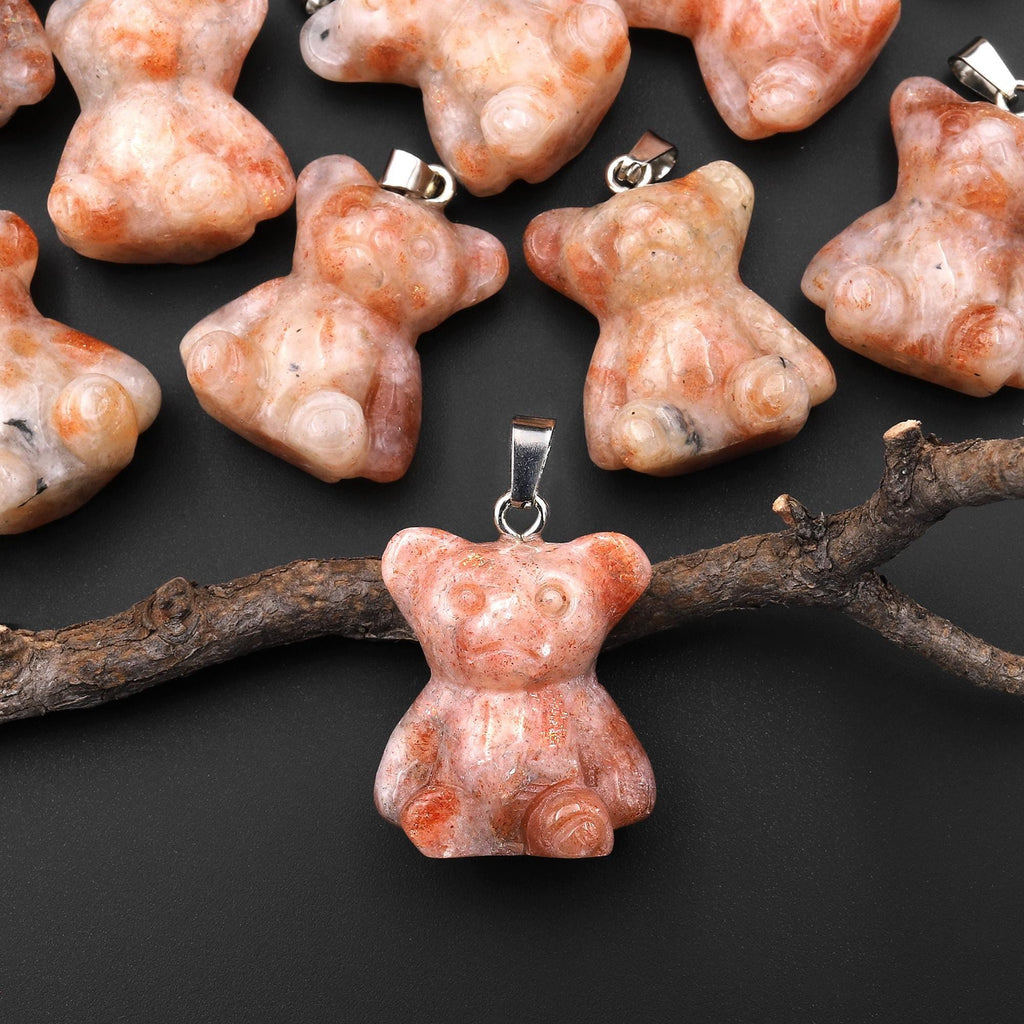 Hand Carved Natural Sunstone Teddy Bear Gemstone Pendant