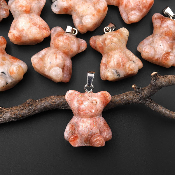 Hand Carved Natural Sunstone Teddy Bear Gemstone Pendant