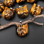 Hand Carved Natural Tiger's Eye Cat Head Pendant Gemstone Jewelry