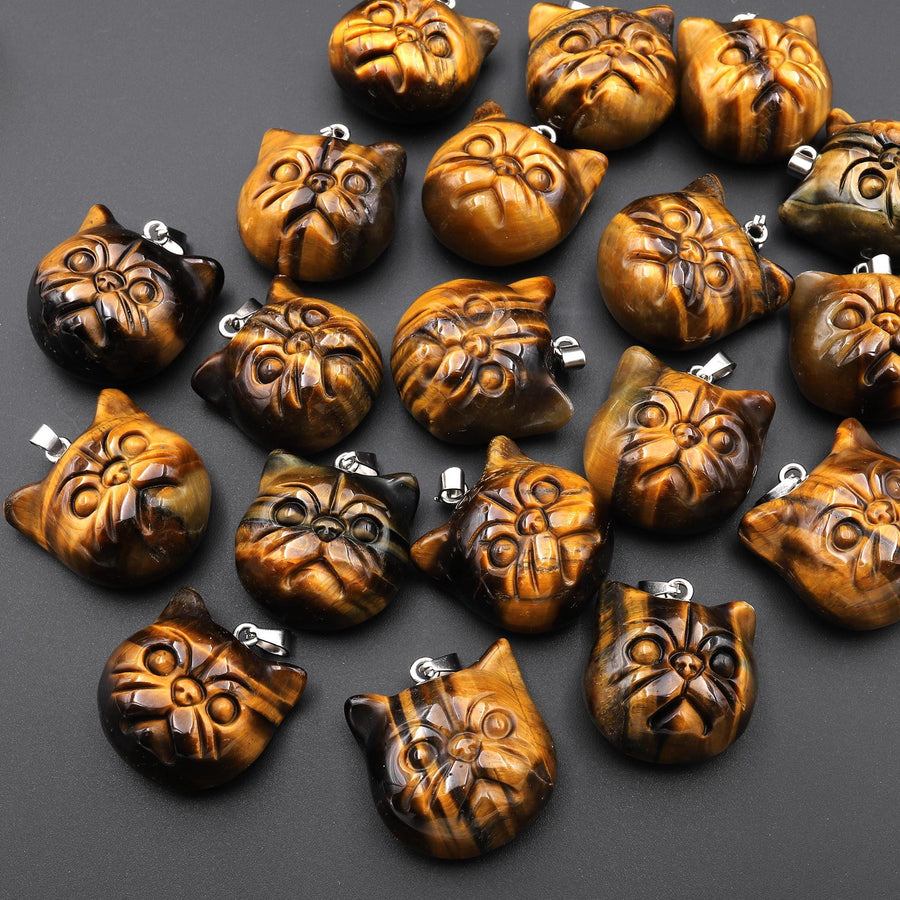 Hand Carved Natural Tiger's Eye Cat Head Pendant Gemstone Jewelry