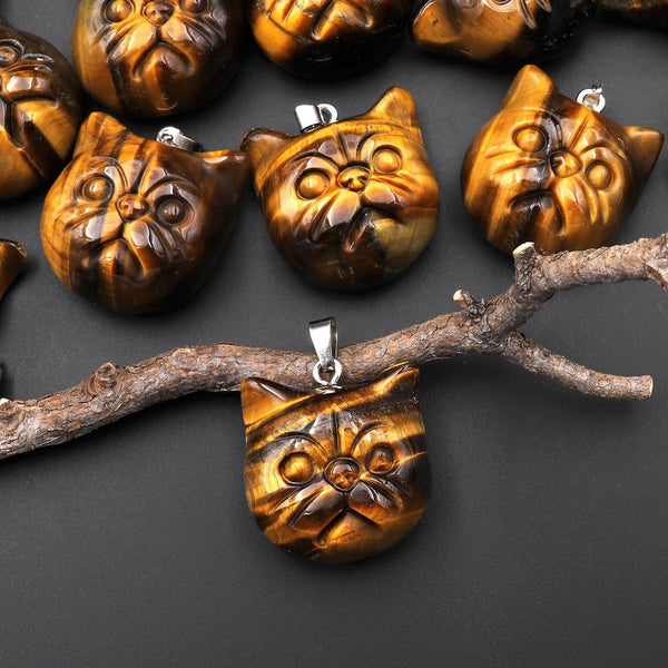 Hand Carved Natural Tiger's Eye Cat Head Pendant Gemstone Jewelry A1