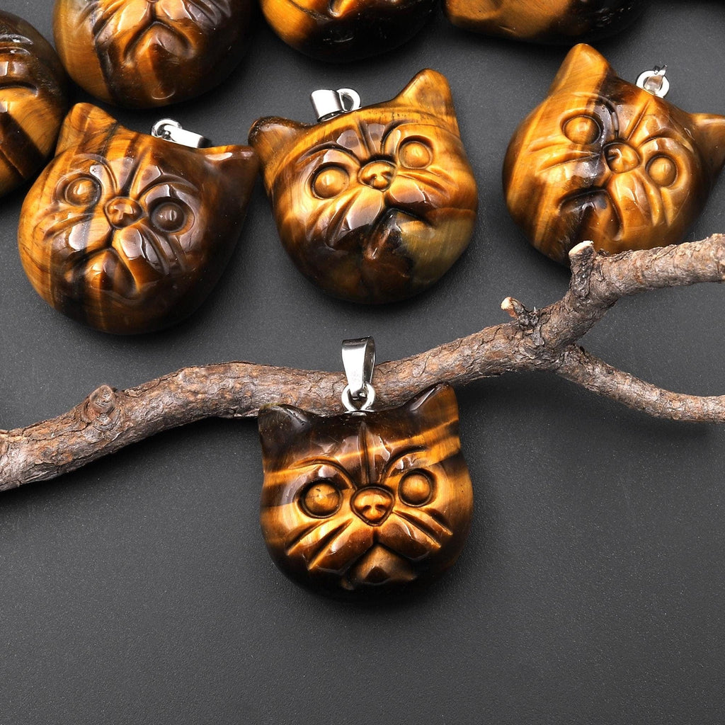 Hand Carved Natural Tiger's Eye Cat Head Pendant Gemstone Jewelry A3
