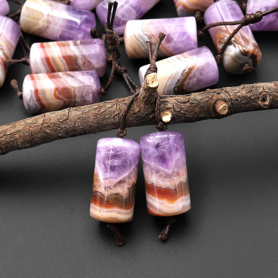 Natural Rainbow Amethyst Earring Pair Matched Cylinder Tube 20mm Gemstone Beads