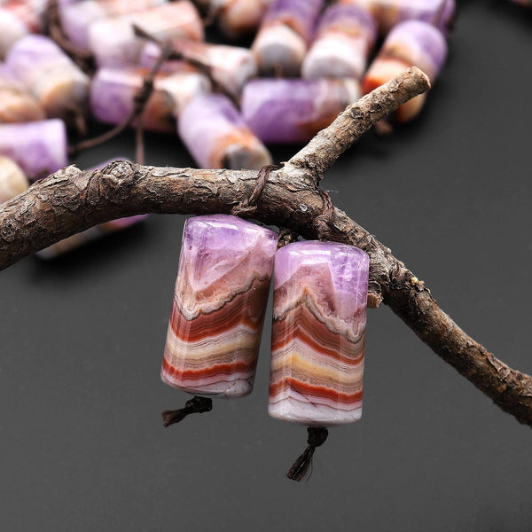 Natural Rainbow Amethyst Earring Pair Matched Cylinder Tube 20mm Gemstone Beads A1