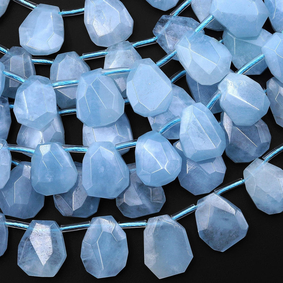 AAA Natural Blue Aquamarine Faceted Trapezoid Teardrop Beads 15.5" Strand