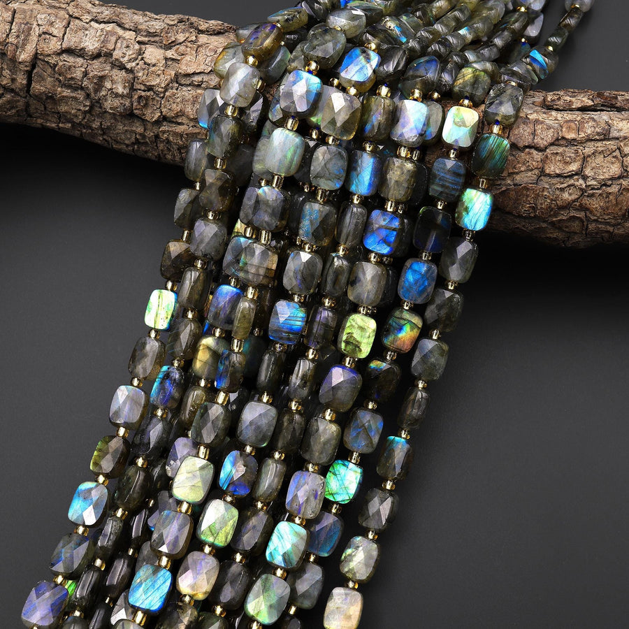 Faceted Natural Labradorite Rectangle Cushion Beads 10x8mm Brilliant Golden Blue Green Flashes Fire 15.5" Strand