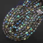 Faceted Natural Labradorite Rectangle Cushion Beads 10x8mm Brilliant Golden Blue Green Flashes Fire 15.5" Strand