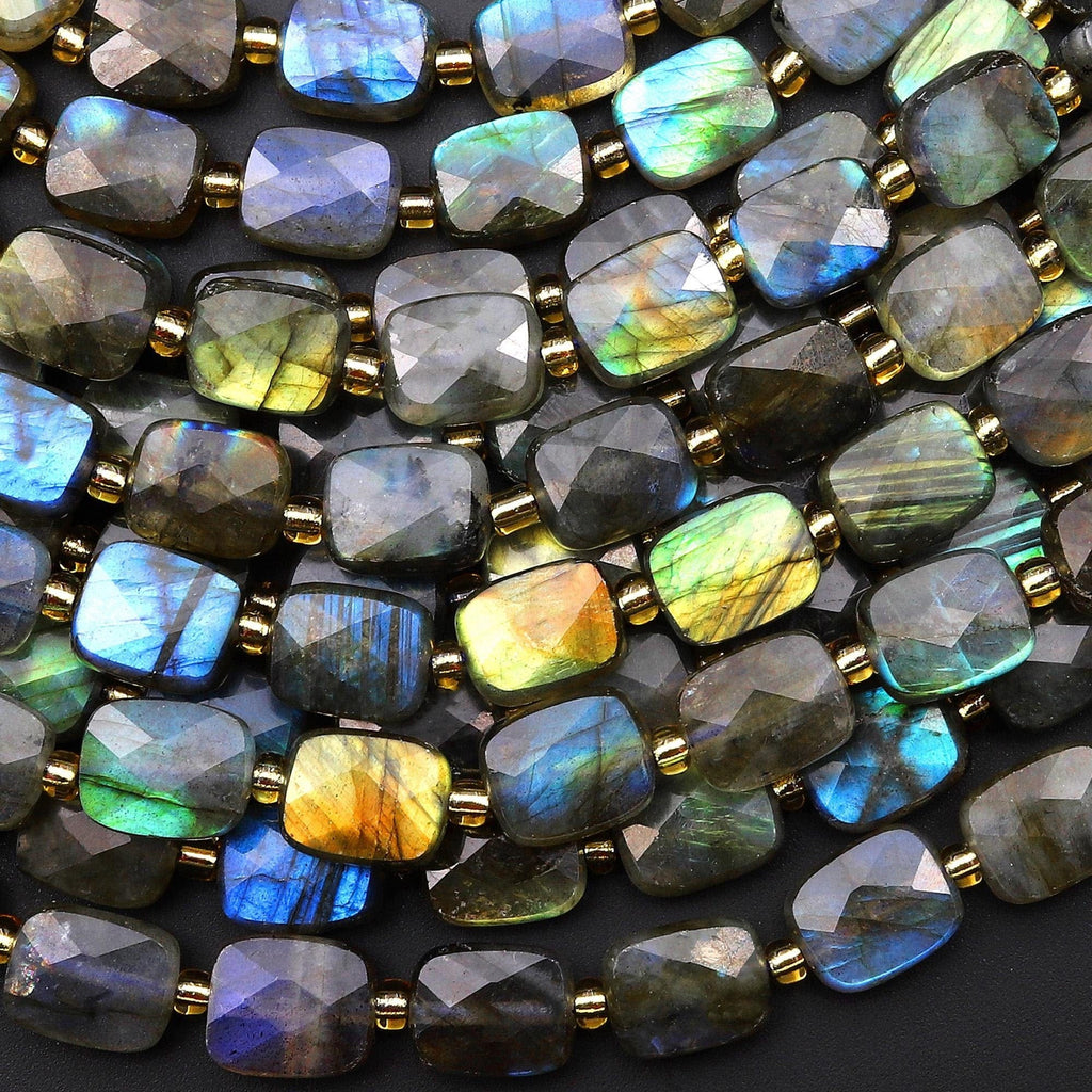 Faceted Natural Labradorite Rectangle Cushion Beads 10x8mm Brilliant Golden Blue Green Flashes Fire 15.5" Strand