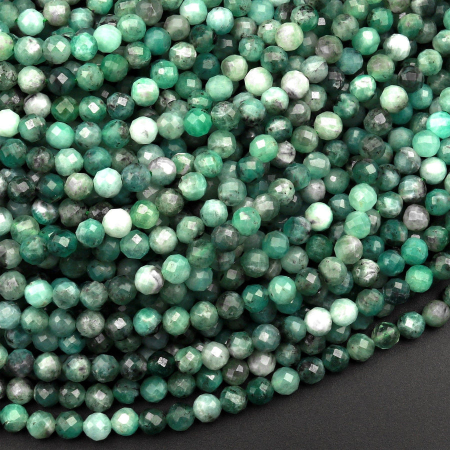 Real Genuine Natural Green Emerald Gemstone Faceted 2mm 3mm 4mm 6mm Round Beads Laser Diamond Cut Gemstone May Birthstone 15.5" Strand