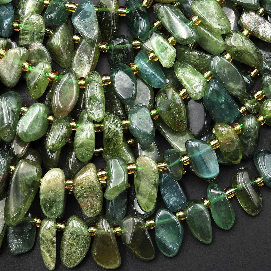 Natural Green Apatite Freeform Oval Pebble Nugget Beads Top Side Drilled Gemstone 15.5" Strand