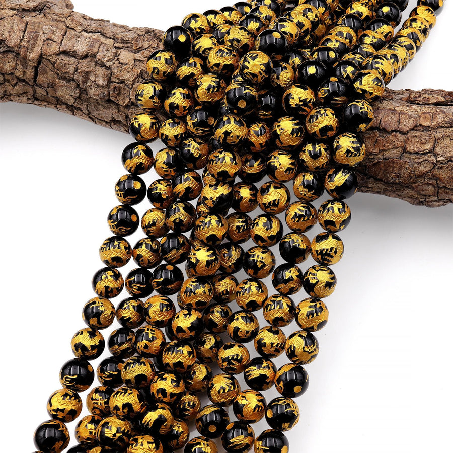 Natural Black Onyx Hand Carved Gold Dragon 10mm Round Gemstone Beads Select from 5 pcs, 10 pcs