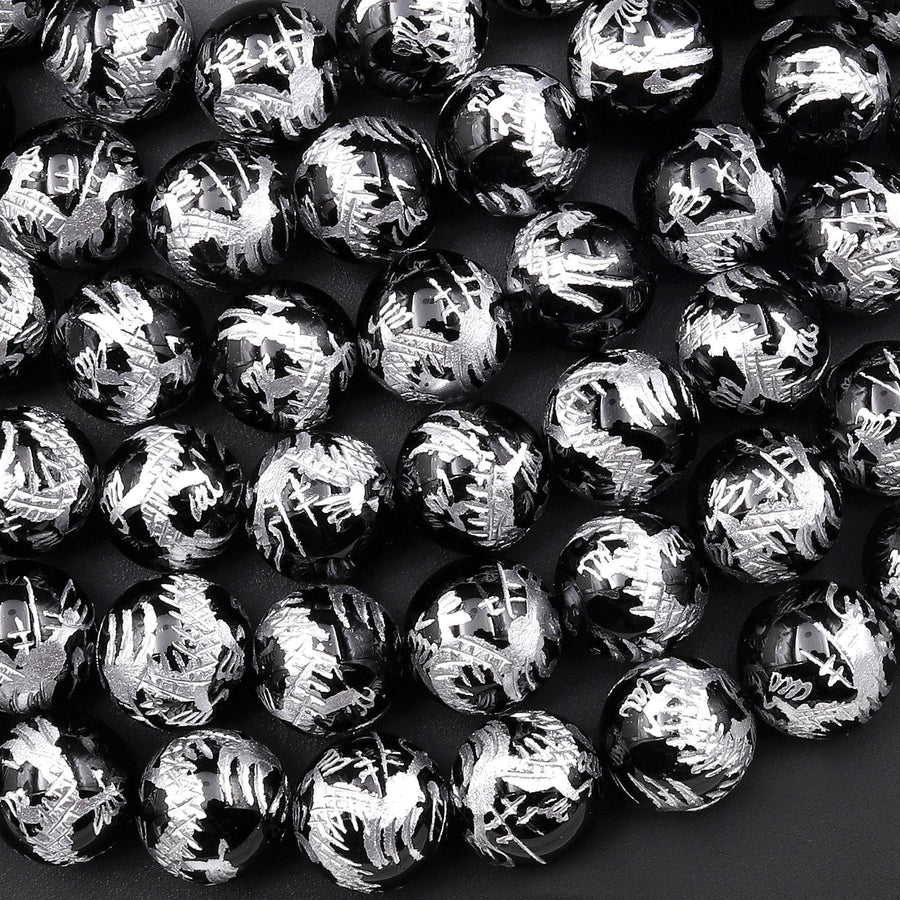 Natural Black Onyx Hand Carved Silver Dragon 10mm 12mm Round Gemstone Beads Select from 5 pcs, 10 pcs