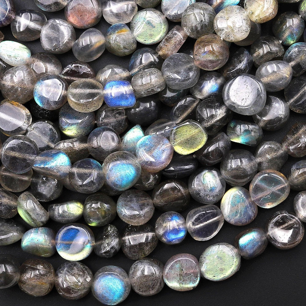 Natural Gray Labradorite Freeform Coin Pebble Nugget Beads 15.5" Strand