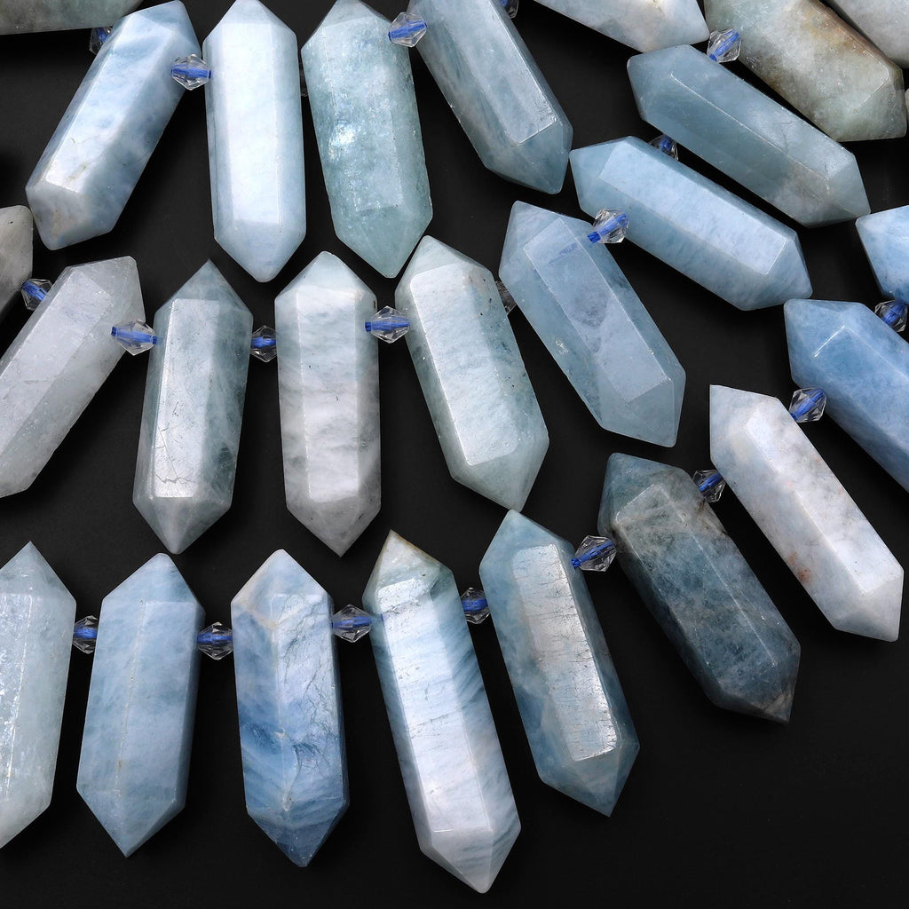 Natural Blue Aquamarine Beads Faceted Double Terminated Points Top Side Drilled Gemstone 15.5" Strand