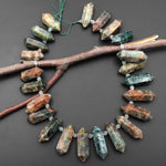 Natural Green Apatite Beads Double Terminated Points Top Side Drilled Rustic Organic Cut 15.5" Strand