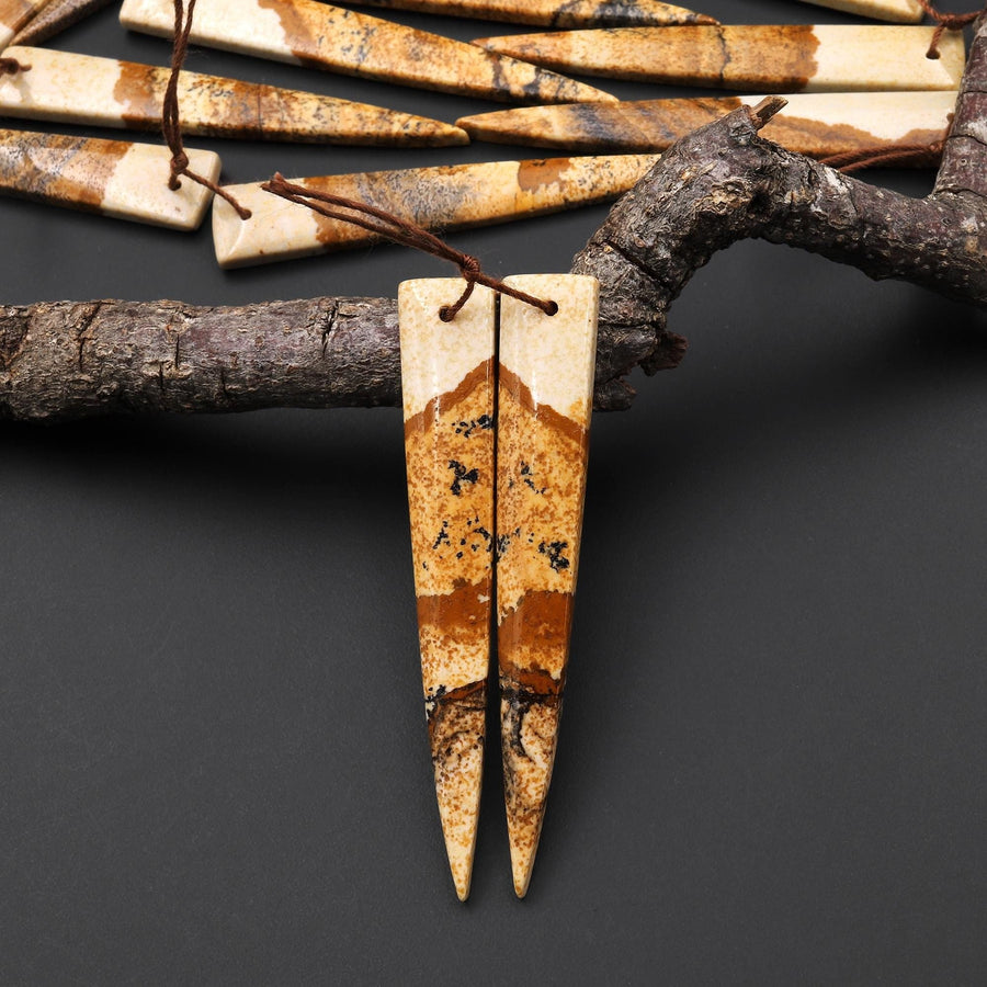 AAA Drilled Natural Picture Jasper Long Triangle Dagger Earring Cabochon Matched Gemstone Bead Pair