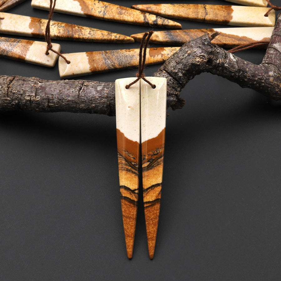 AAA Drilled Natural Picture Jasper Long Triangle Dagger Earring Cabochon Matched Gemstone Bead Pair