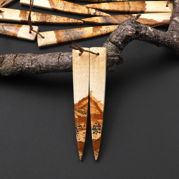 AAA Drilled Natural Picture Jasper Long Triangle Dagger Earring Cabochon Matched Gemstone Bead Pair A7