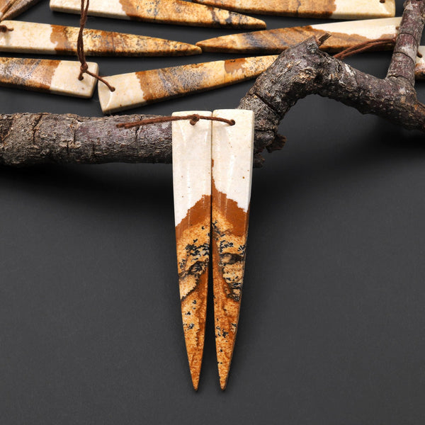 AAA Drilled Natural Picture Jasper Long Triangle Dagger Earring Cabochon Matched Gemstone Bead Pair A10