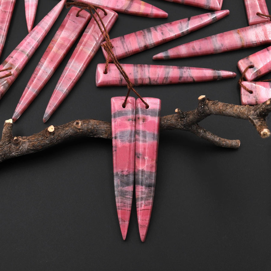 AAA Natural Pink Rhodonite In Quartz Earring Pair Long Dagger Triangle Drilled Matched Gemstone Beads