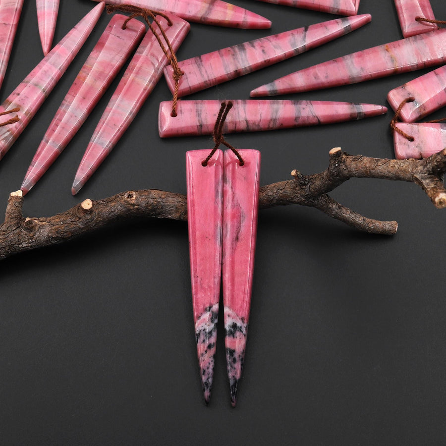 AAA Natural Pink Rhodonite In Quartz Earring Pair Long Dagger Triangle Drilled Matched Gemstone Beads