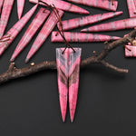 AAA Natural Pink Rhodonite In Quartz Earring Pair Long Dagger Triangle Drilled Matched Gemstone Beads