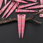 AAA Natural Pink Rhodonite In Quartz Earring Pair Long Dagger Triangle Drilled Matched Gemstone Beads