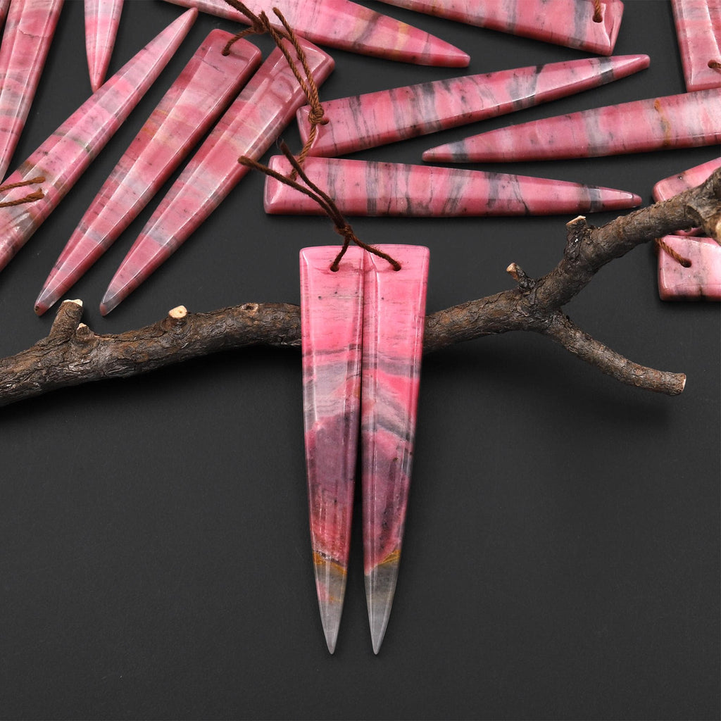 AAA Natural Pink Rhodonite In Quartz Earring Pair Long Dagger Triangle Drilled Matched Gemstone Beads A2