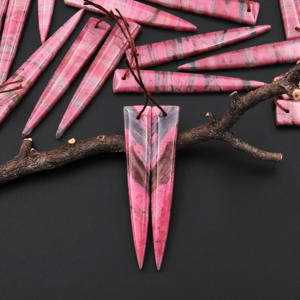 AAA Natural Pink Rhodonite In Quartz Earring Pair Long Dagger Triangle Drilled Matched Gemstone Beads A4